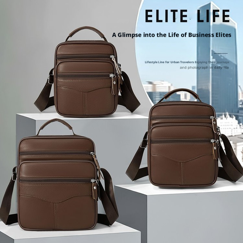 Leather Work Bag Mens - ブラウンの本革牛革製メンズクロスボディバッグ、ビジネスショルダーメッセンジャーバッグ、トップハンドルとジッパーポケット付き、日常業務用