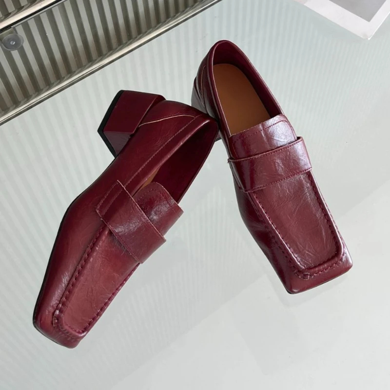 Leather Work Flats Women - 女性用スクエアトゥチャンキーヒールドレスシューズ、ソフトレザーローファー、快適なオフィスパンプス、ブリティッシュスタイルスリッポンシューズ（仕事用）