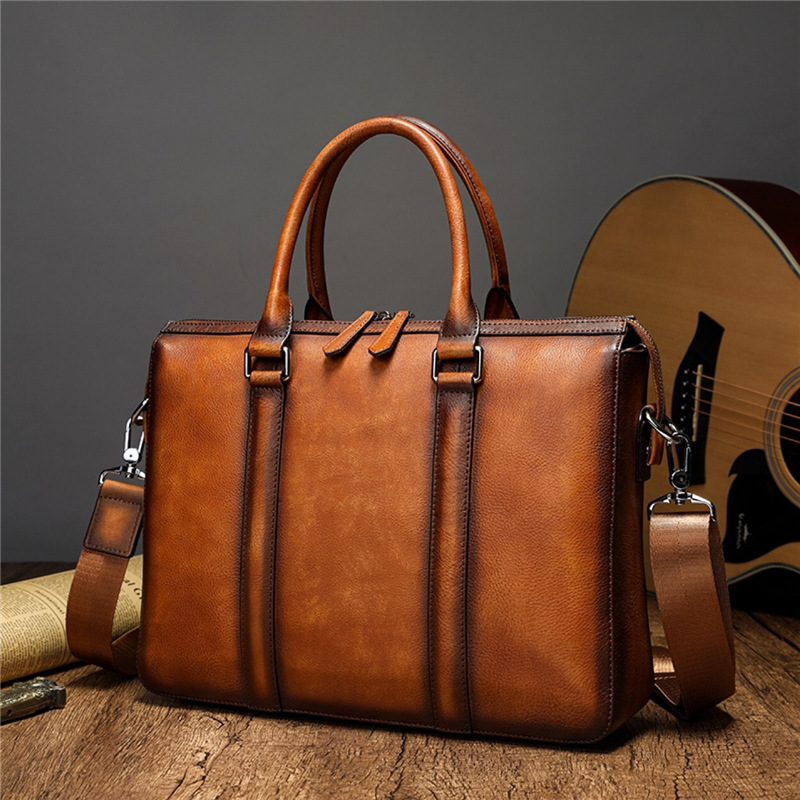Leather Work Bag Mens - YETTIES ビジネス トップグレインレザー ブリーフケース | 14インチノートパソコン用クロスボディショルダーバッグ