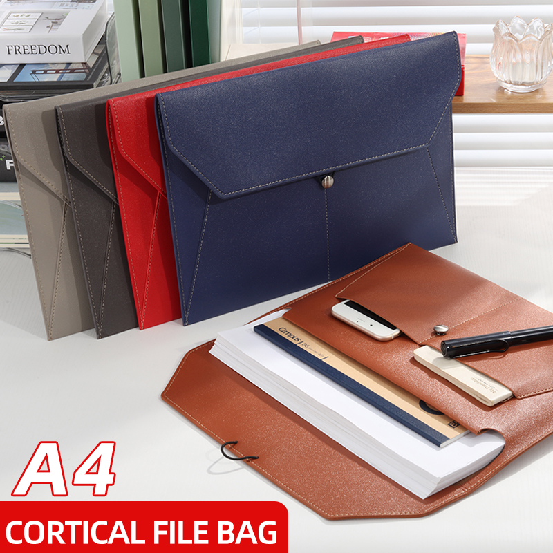 Leather Work Folder - A4 ビジネスレザーファイルバッグ多機能クランプ防水フォルダー厚みのあるデータロープバックル付きオフィス用