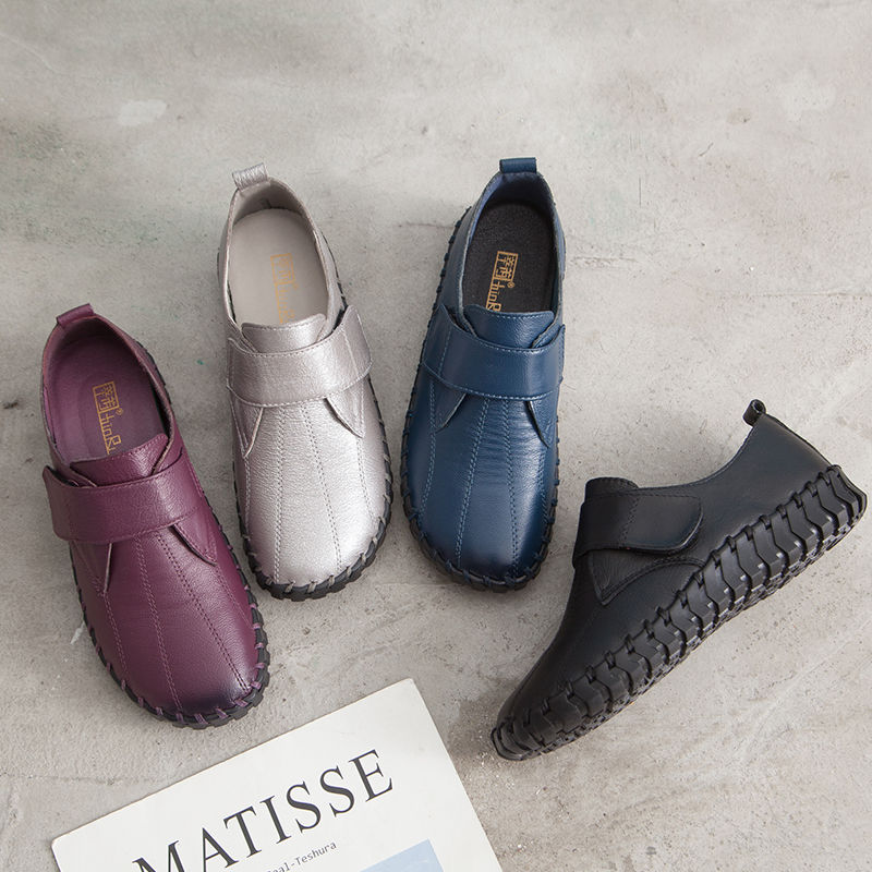 Leather Work Flats Women - 女性のための本革のバレエフラットシューズ,靴ひも,パッチワーク,黒,新品,高品質,大きいサイズ42