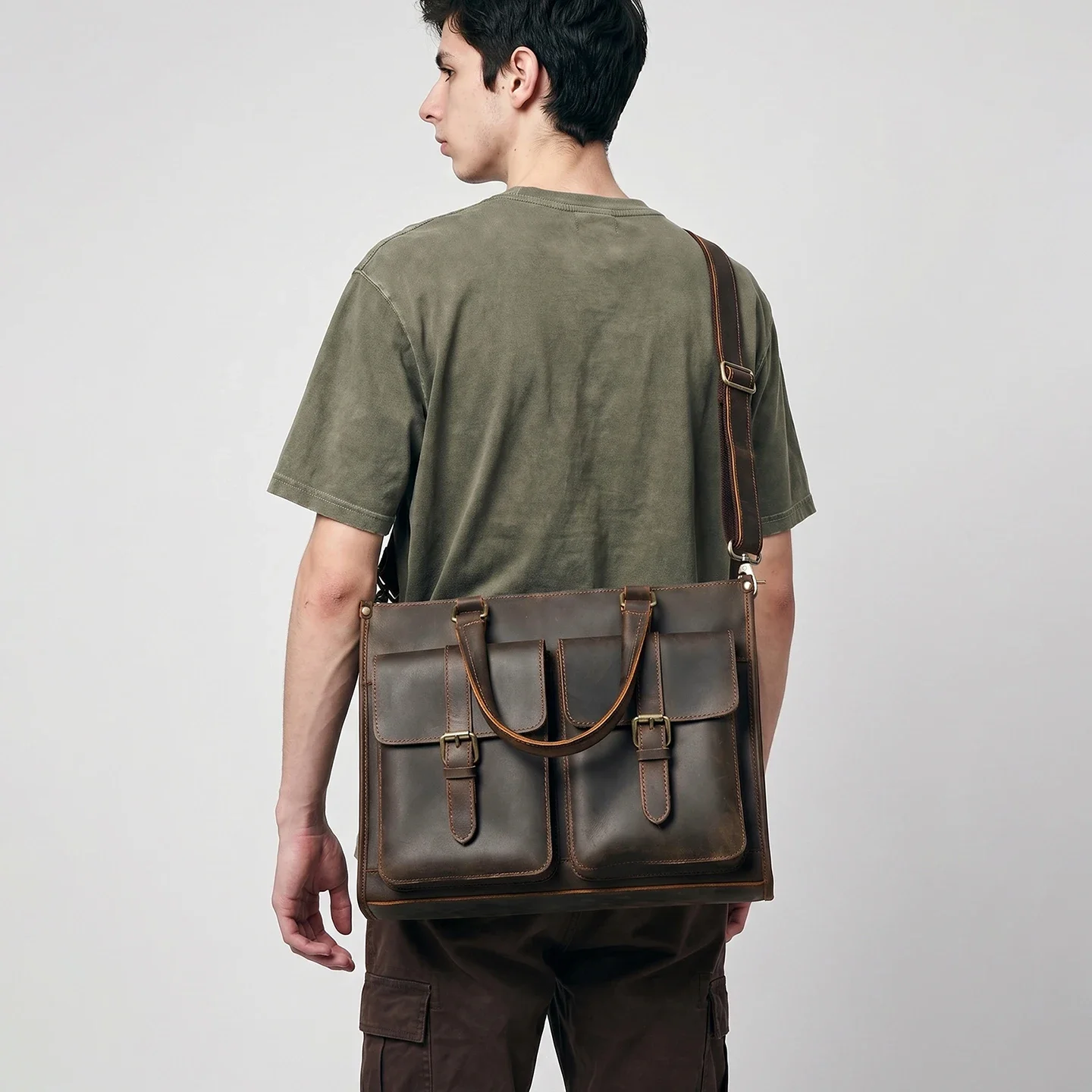 Leather Work Bag Mens - ヴィンテージ本革メンズクロスボディショルダーブリーフケースクレイジーホースレザーハンドバッグ通勤通学14インチノートパソコン対応メッセンジャーバッグ