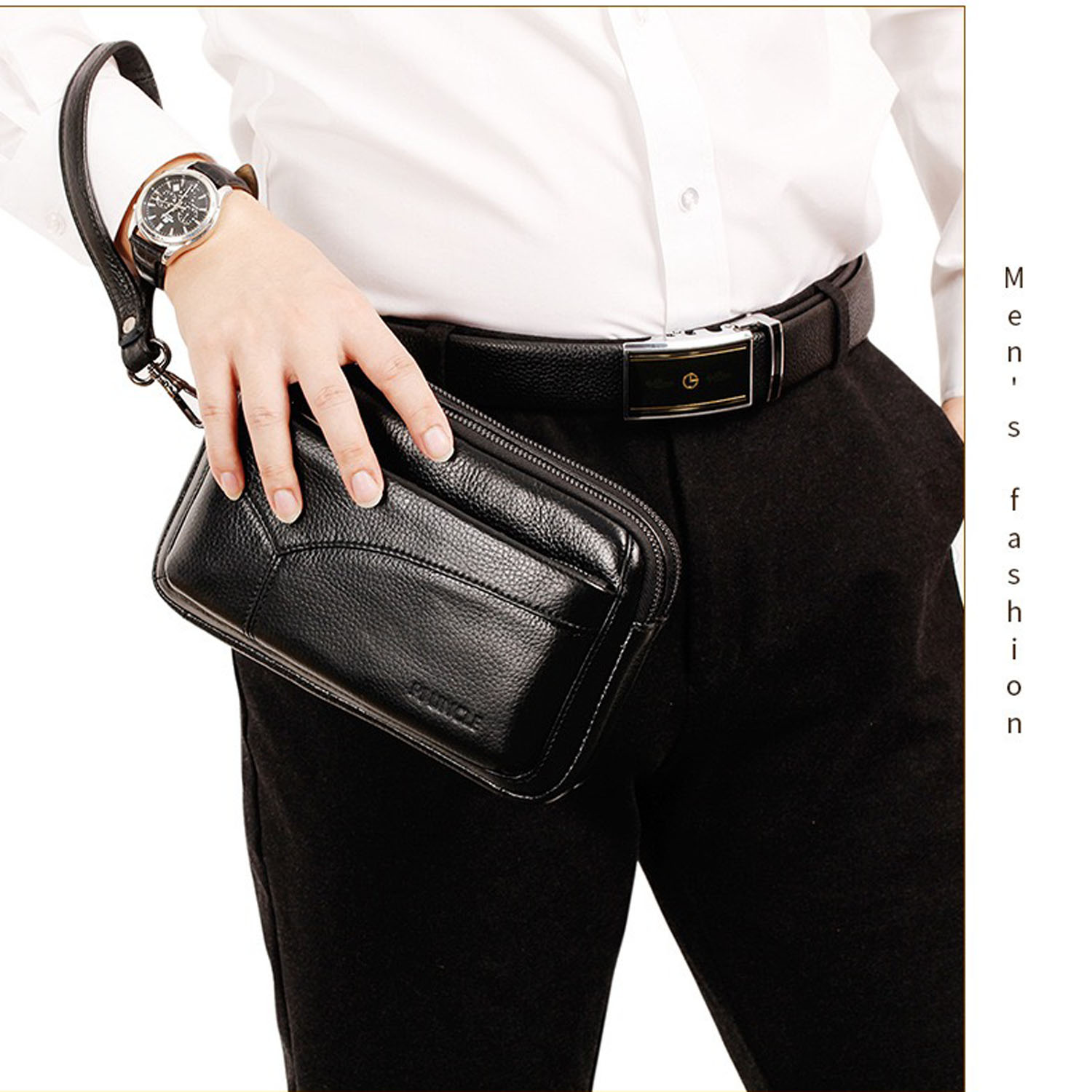 Leather Work Bag Mens - メンズ本革ファッションビジネスクラッチバッグ、ヴィンテージリストレットウォレット、小銭入れ、財布、ワークハンドバッグ、携帯電話デイバッグ、ブラック