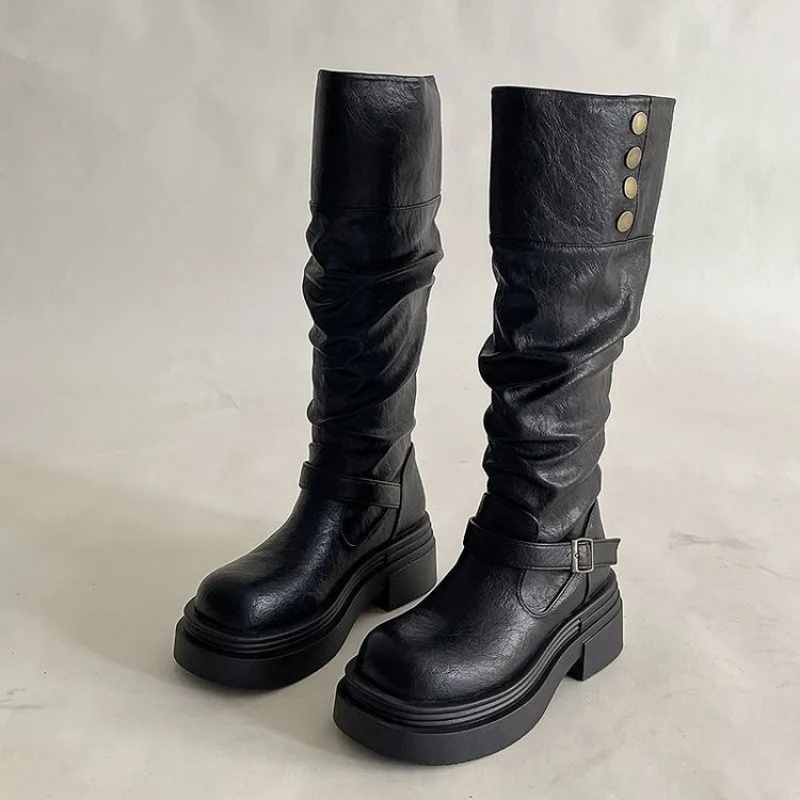 Leatherwork Rivets - 2026年パンクニーハイブーツ レディース 厚底プラットフォームバックル レトロバイカーブーツ 大きいサイズ