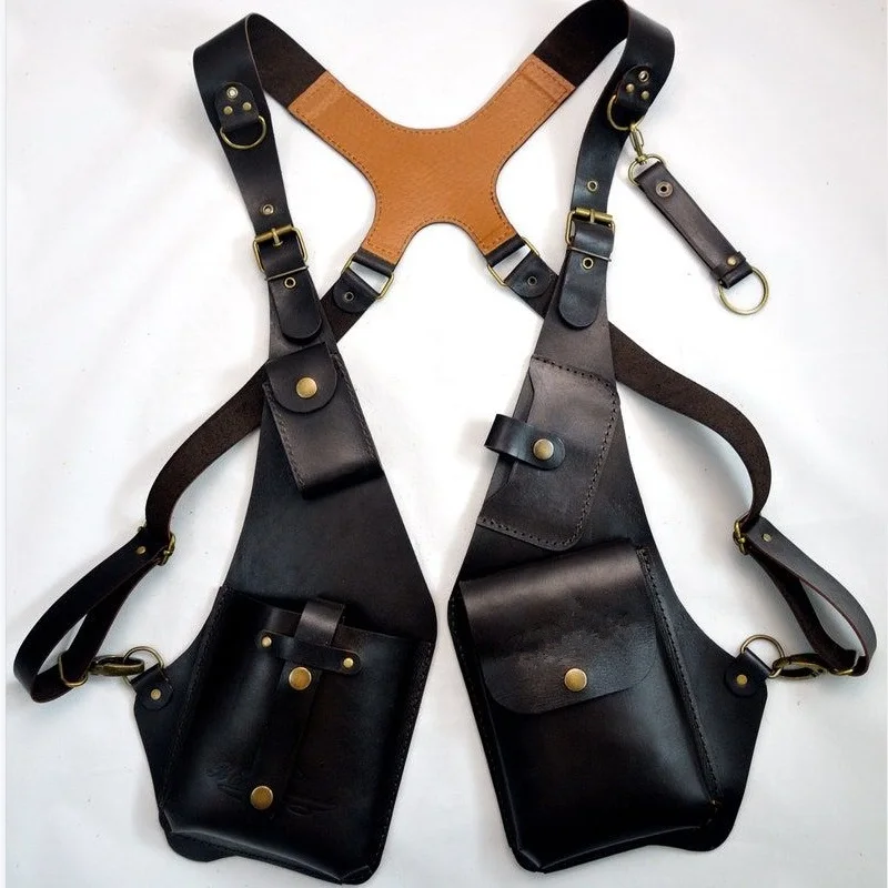 Leatherwork Rivets - 男性と女性のためのヴィンテージレザーレットショルダーバッグ,ダブル電話ウォレットケースホルスターバイキングアンダーアームバッグ