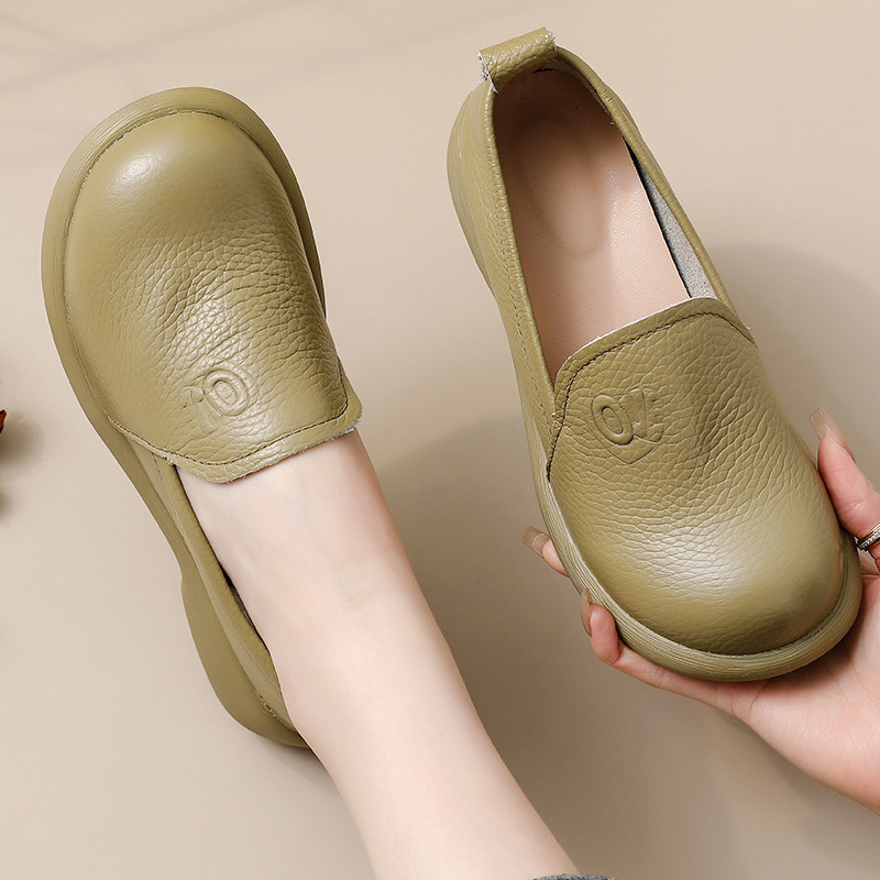 Leather Work Flats Women - 女性用本革モカシン,レトロな丸いつま先,滑り止めフラット,毎日の作業用の柔らかい靴,女性用のカジュアルなウォーキングシューズ,グリーンモカシン,2022