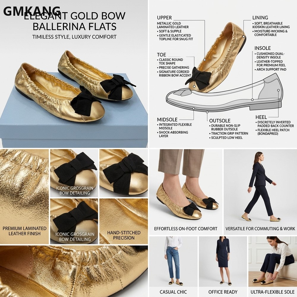 レディース バレエシューズ リボン付き プリーツ カジュアル - Leather Work Flats Women のレビューと価格