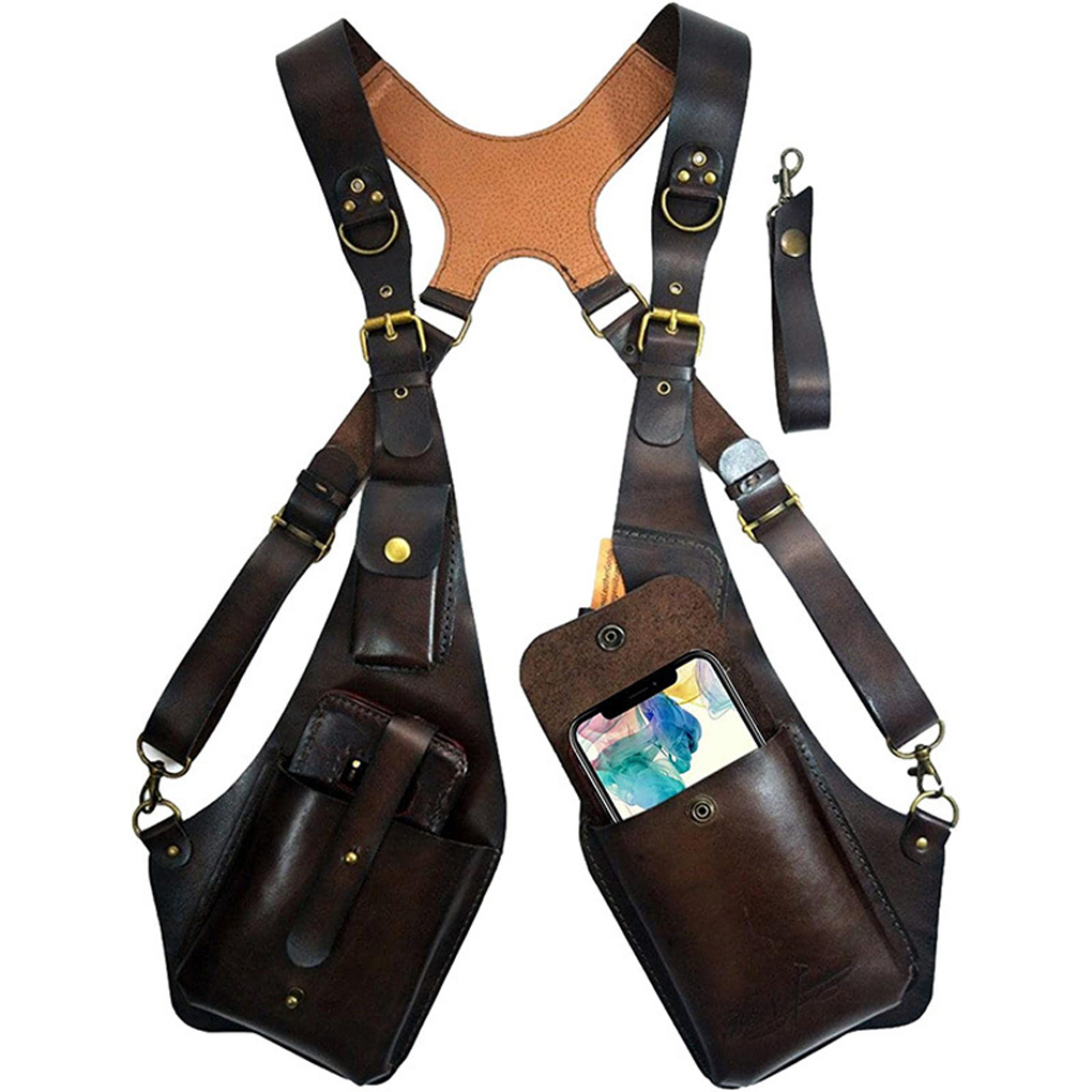 レトロ盗難防止レザーダブルショルダーバッグ アームピットバッ - Leatherwork Rivets のレビューと価格