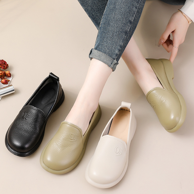 女性用本革モカシン,レトロな丸いつま先,滑り止めフラット,毎 - Leather Work Flats Women のレビューと価格